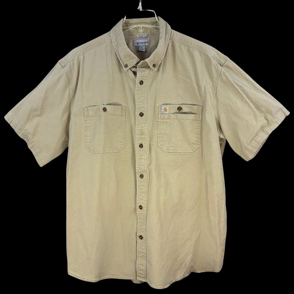 Carhartt Mens 2XL Tan Relaxed Fit Work Shirt Short Sleeve Button Up 100% Cotton
